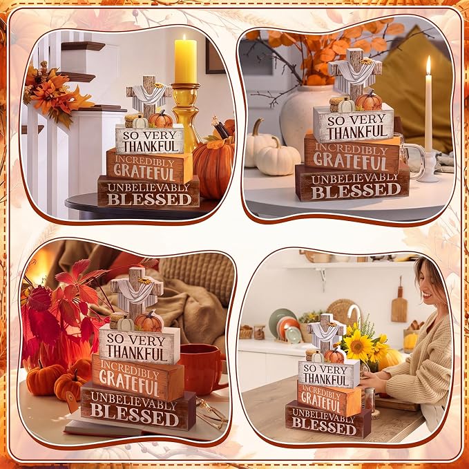 Moucuny 4 Pcs Fall Table Decoration for Home Religious Cross Stacked Signs | 4 Pcs Rustic Wood Stacked Sign with Cross and Harvest Elements. Great Thanksgiving Tabletop Decor for Home, Church, or Office - Image 5