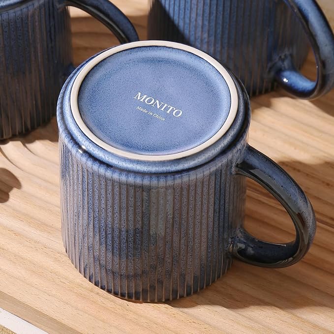 MONITO 16Oz Coffee Mugs Set of 6, Rustic Ceramic Coffee Cups Set with Large Handle, Vintage Striped Stoneware Coffee Mugs for Latte, Cocoa, Tea, Milk, Microwave & Dishwasher Safe, Deep Blue - Image 8