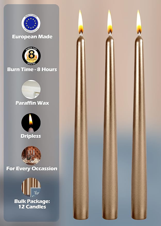 Hyoola Tall Metallic Antique Gold Taper Candles - 10 Inch - Dripless - 12 Pack - 8 Hour Burn Time - Image 4