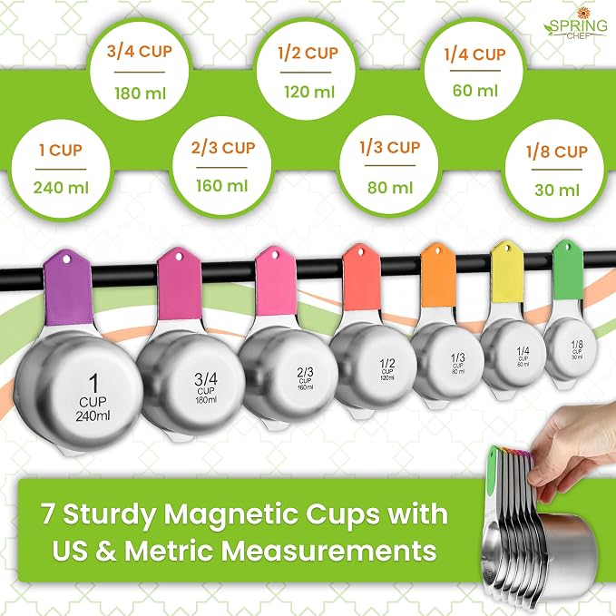 Spring Chef Magnetic Measuring Cups & Spoons Set of 15, Patented, Neon | Stackable Stainless Steel Measuring Cups & Heavy Duty Metal Measuring Spoons with Levelers for Dry & Liquid Ingredients - Image 7