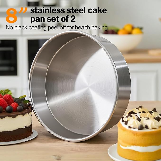 8 Inch Cake Pan Set of 2, Food-Grade Stainless Steel Round Baking Pans | No Coating Cake Pan for Layer Cakes, Heavy Duty, One-Piece Design Warp-Resistant, Non-Toxic, Dishwasher Safe - Image 2