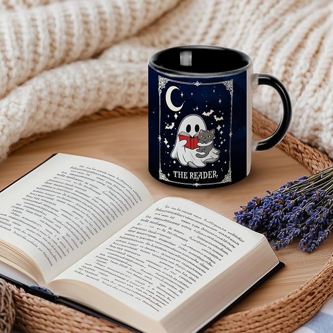 Hyturtle Cute Ghost with Cat Coffee Mug with Spoon for Halloween Birthday | Funny Ghost Tarot Gifts for Readers, Book Lover Mug, Book Club Gifts, Premium 11oz Ceramic Coffee Tea Cup, Double-sided print - Image 8