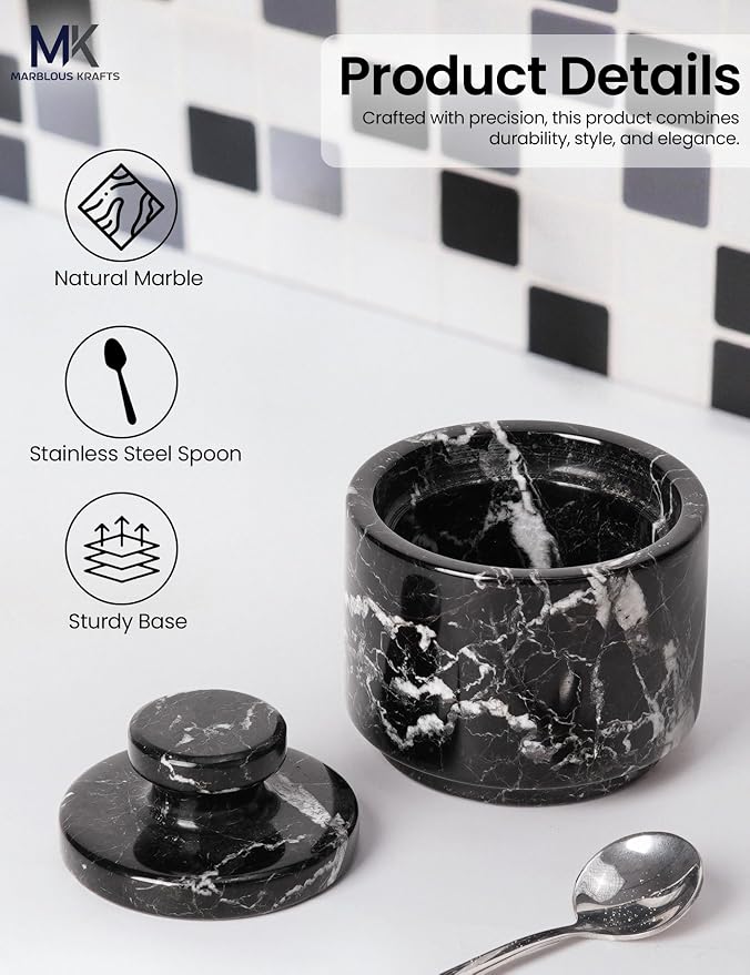MARBLOUS KRAFTS Marble Salt Cellar Set of 2 with Spoon and Lid, 3 Inch Black Zebra Handcrafted Stone Salt Container for Kitchen Countertop, Seasoning Jar, Salt Dish, Fleur de Sel Holder, Gift Set - Image 5