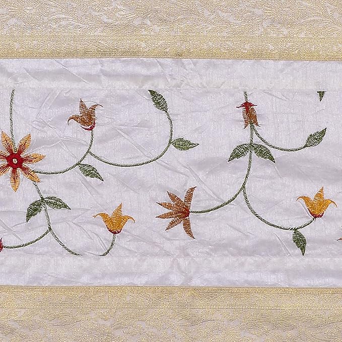Hand Embroidered Silk Table Runner, White Floral Vine Design with Gold Border, Decorative Table Linen for Dining Table, Coffee Table, Console Table and Home Décor, 60 x 18 Inches - Image 4