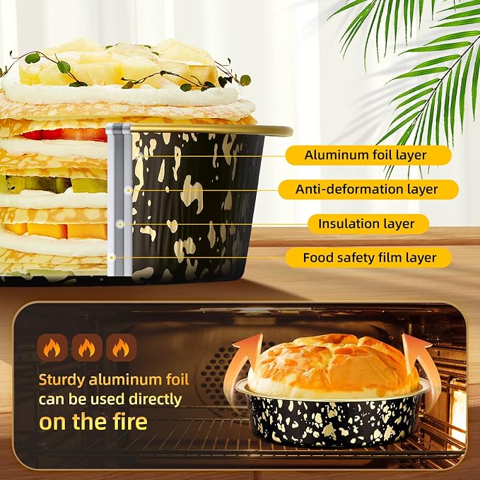 Beasea Mini Pie Pans with Lids, 120 Pack 4 Inch 7.3oz Disposable Cake Pans Aluminum Foil Pie Tart Baking Cups Tins Individual Dessert Containers Oven Dishes for Tart Cheesecake - Black Gold Speckles - Image 3