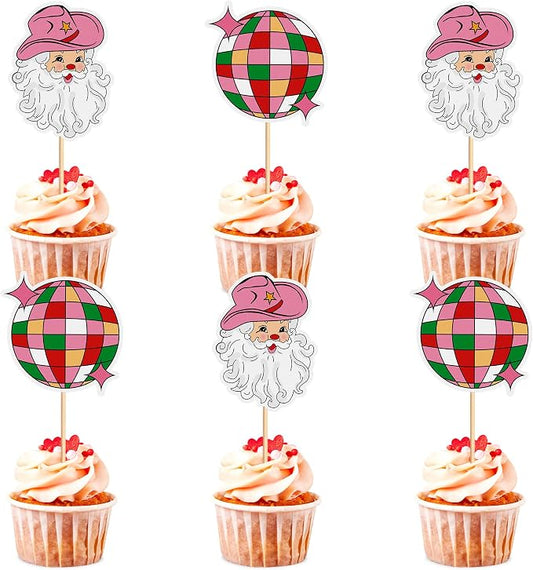 24Pcs Christmas Cupcake Toppers Santa Claus Disco Ball Cupcake Picks | Holiday Party Cake Decorations for Christmas Baby Shower Birthday Party Supplies by Cyodoos