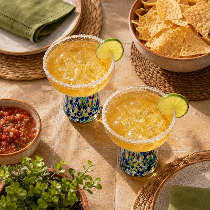 Large Stemless Hand Blown Confetti Margarita Glasses - 14 oz - Set of 2 | Colorful Artisan Glassware, Perfect for Margaritas, Martinis, Wine, Cocktails & Champagne, Great for Cinco de Mayo & Parties - Image 4