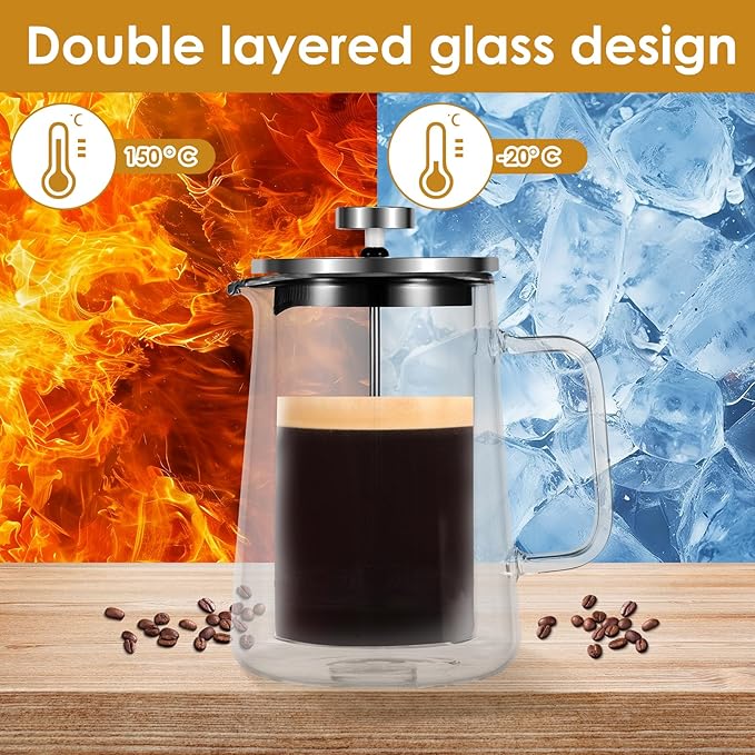 350/650/1000ml French Press Coffee Maker, Double Wall Glass French Press, Clear French Press Tea Maker, Multifunctional Coffee Press Coffee Maker for Home Office (1000ML)