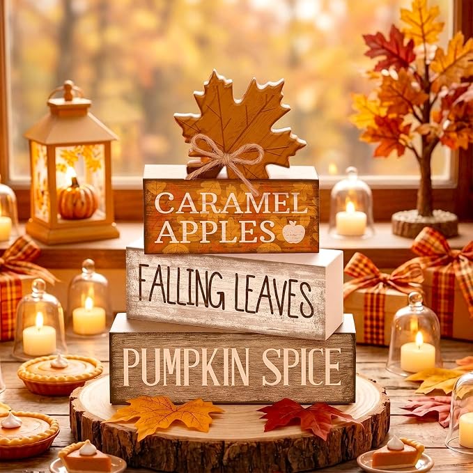 Moucuny 4 Pcs Fall Decor Wooden Maple Leaf Decoration Thanksgiving Tiered Tray Decor Rustic Wooden Maple Leaf Block Signs Thanksgiving Table Centerpiece Farmhouse for Autumn Harvest Party Kitchen Home - Image 2