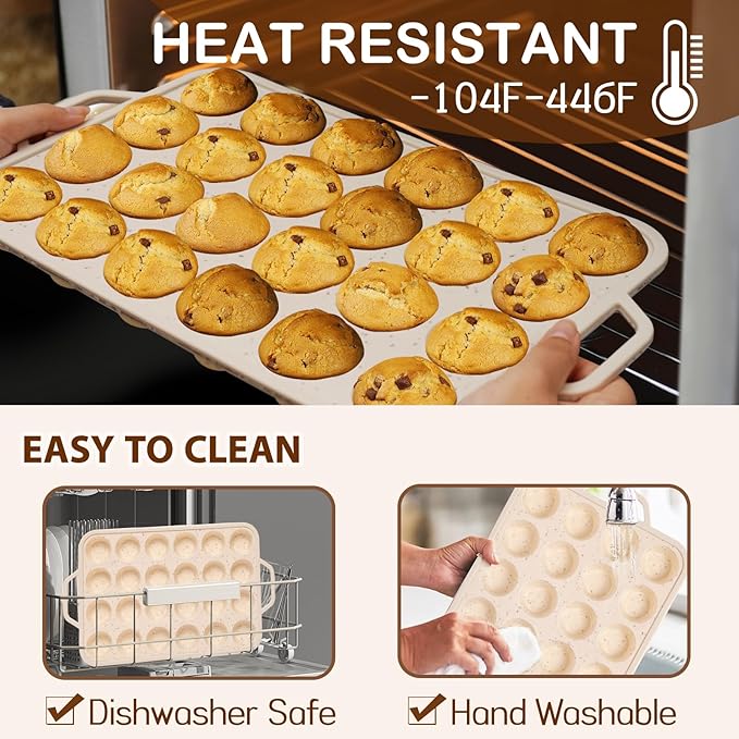 Silicone Mini Muffin Pan, 24 Cups Muffin Tin Baking Mold With Reinforced Stainless Steel Frame Inside, Nonstick Bakeware Cupcake Pan BPA Free, 2PCS