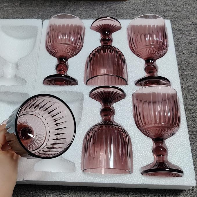 Taganov Purple Glasses Drinking set of 6 Colored Wine Water Stemware Pink Goblets Glassware 11 oz for Wedding Party Bar Vertical Embossed Pattern Stemmed Cups 330 ml - Image 5