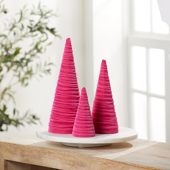Your Heart's Content Hot Pink Velvet Trees Set of 3, Modern Artisan Mantel Accent, Coquette Room Decor, Romantic Aesthetic, Valentine Tabletop Tree, Cozy Gift for, Teen Girl Room (Hot Pink) - Image 3