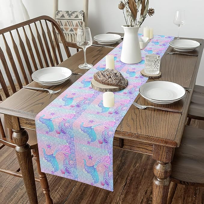 Feelyou Mermaid Table Runner 108x13 Inch Ocean Marine Themed Decorations Indoor Outdoor Party Supply Mermaid Scales Ocean Wave Shell Home Kitchen Dining Decor for Living Room Purple Pink - Image 2