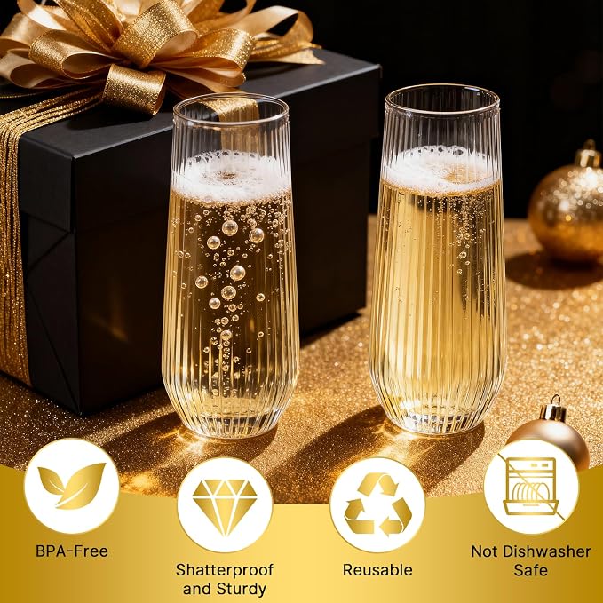Goodluck 24pack Clear Plastic Champagne Flutes,9oz Stemless Champagne Flute | Stemless Disposable Clear Plastic Toasting Glasses for Weddings, Birthday Parties, Family Gatherings, Bars etc - Image 4