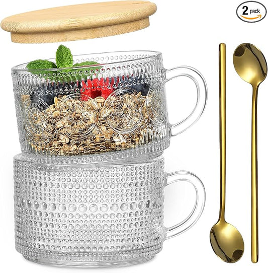 Vintage Coffee Mugs, Overnight Oats Containers with Bamboo Lids and Spoons - 14oz Clear Embossed Glass Cups, Cute Coffee Bar Accessories, Iced Coffee Glasses, Ideal for Cappuccino, Latte, 2 Pack by MakeLifeBetterEasier