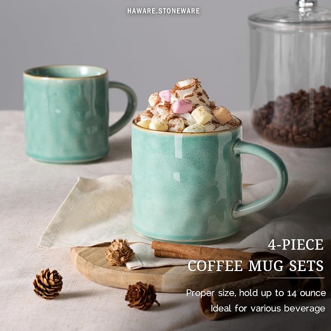 HaWare 14OZ Coffee Mugs Set of 4, Stoneware Coffee Cups with Handle, Latte Mug for Man, Woman, Dad, Mom, Modern Tea Mugs for Latte/Cappuccino/Cocoa/Milk, Dishwasher& Microwave Safe, Reactive Green - Image 3