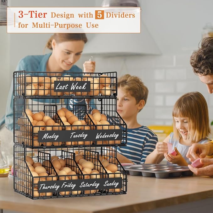 Egg Holder Countertop with 5 Dividers & DIY Nameplate to Separate Eggs | 3 Tier Stackable Wire Storage Baskets for Gathering Fresh Eggs, XXL Large Egg Rack, Wall-Mounted (Patent Pending) - Image 7