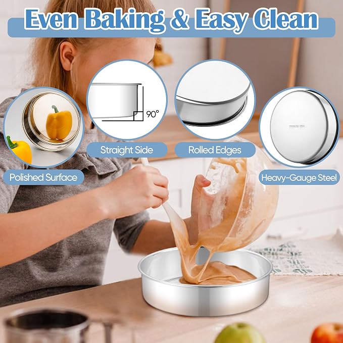 E-far 8 Inch Cake Pan Set of 2, Stainless Steel Round Baking Pans Tins Mold - Non-Toxic & Leak-Proof for Birthday Wedding Layer Tiered Cake, Easy Clean & Dishwasher Safe - Image 3