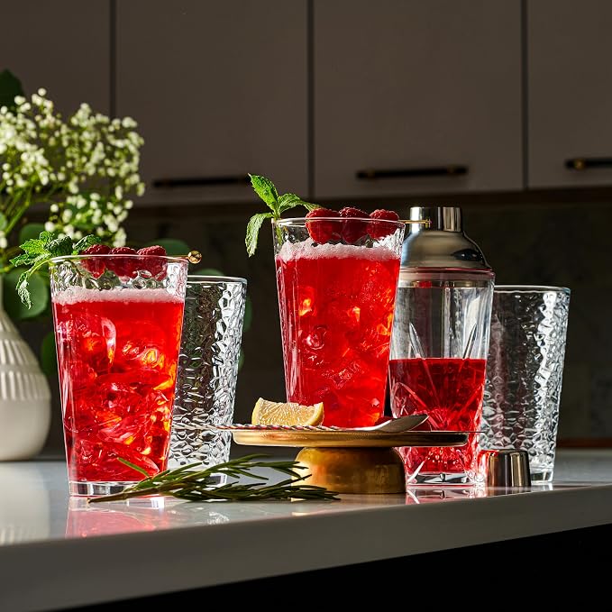 Le'raze Set of 10 Hammered Glass Cups, Clear Heavy Base Drinking Glasses | 16oz, Stackable, Durable, Dishwasher Safe, Freezer Safe, Non Slip, 100% Food Grade, BPA Free, Secure Packaging, Eco-Friendly - Image 3