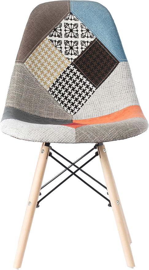 Mid-Century Modern Upholstered Plastic Multicolor Fabric Patchwork DSW Shell Dining Chair with Wooden Dowel Eiffel Legs - Image 5