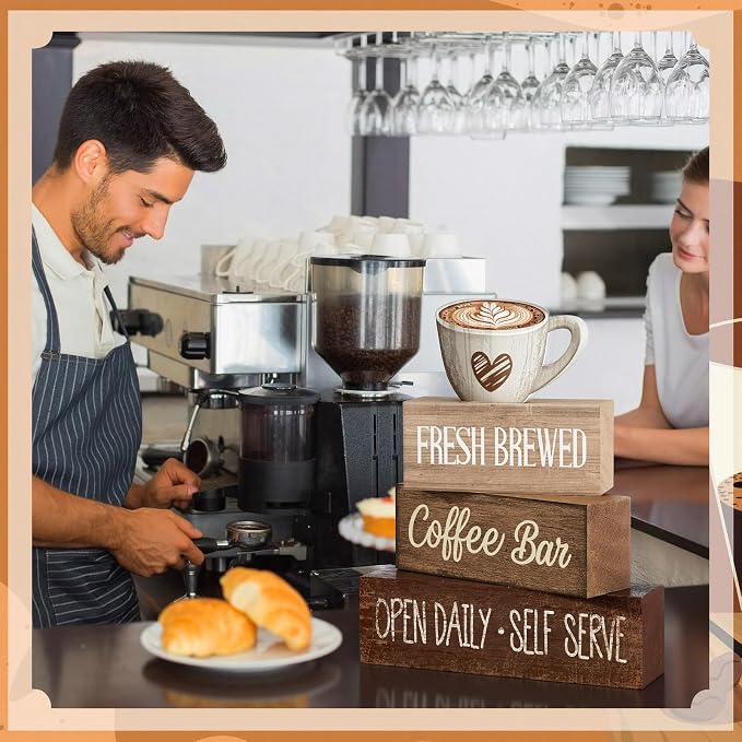 Moucuny 4 Pcs Farmhouse Coffee Bar Signs Decor Wooden Cup Rise & Shine It's Coffee Time Rustic Wood Cafe Sign Gift for Home Kitchen Tabletop Decor - Image 8