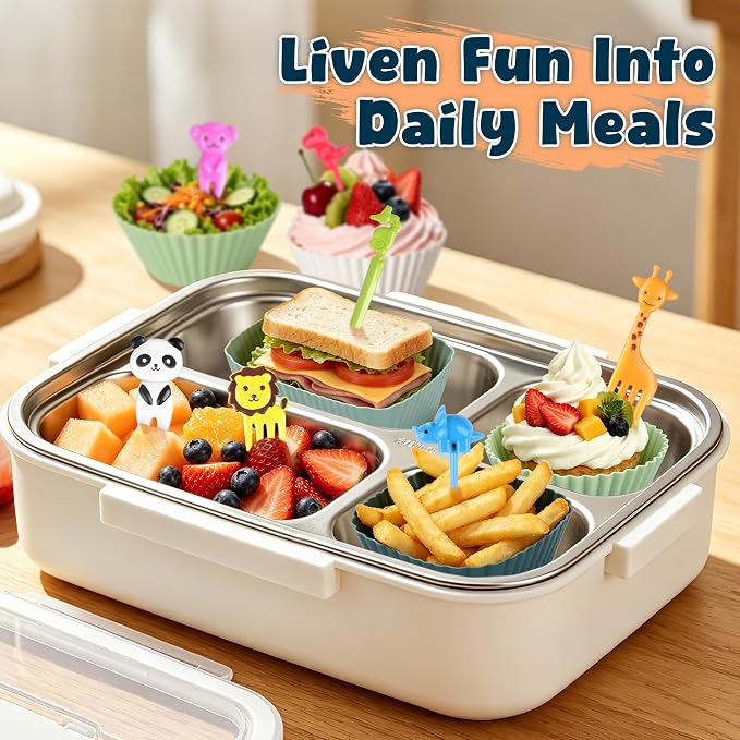 66PCS Silicone Lunch Box Dividers & Cute Animal Food Picks for Kids | 20 Reusable Silicone Cupcake Liners, Muffin Baking Cups, 46 Fruit Toothpicks, Lunchbox Bento Box Accessories Supplies - Image 3