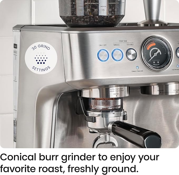 Chefman Crema Supreme 15 Bar Espresso Machine with Milk Frother, Barista Steam Wand, Professional Coffee Maker with Coffee Grinder, 30 Grind Settings, 3L Removable Water Tank - Stainless Steel - Image 3