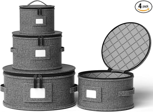 China Storage Containers,4 Piece Set,Hard Shell Moving Boxes for Dishes,Plate,Dinnerware,Saucers Quilted Organizer Dividers for Packing Fine China Storage Containers,Grey by YEARNINGHOME