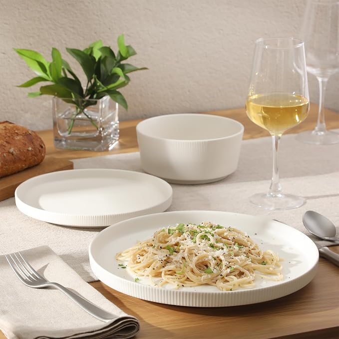 Gibson Home Dempsey Road 12-Piece Stoneware Dinnerware Set – Service for 4, Round White Plates and Bowls, Durable Solid Color Modern Embossed Dish Set, Microwave & Dishwasher Safe - Image 5