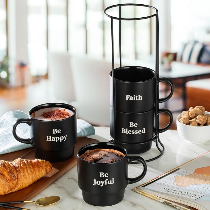 Signature Housewares Stackable Coffee Mug Tower Set with Metal Wire Rack - 15 Ounce Coffee Mugs for Coffee, Tea, Cocoa, Milk, Cappuccino, Hot Chocolate Set of 4 - Be Happy Matte Black - Image 3