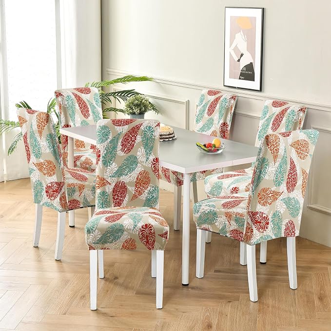Fuloon Chair Covers for Dining Room 6 Pack, Printed Stretch Dining Slipcovers, Washable Kitchen Slip Covers for Parson Chair, Color Leaves Printed, Set of 6 - Image 2