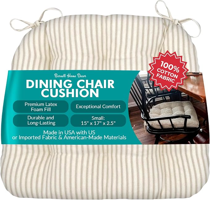 Barnett Home Decor Ticking Stripe Natural Dining Chair Pad with Ties - 15 x 17 Size Small Chair Cushion - Latex Foam Fill - Machine Washable, Reversible, 100% Cotton, Made in USA (Beige Ivory) by BarnettHomeDecor