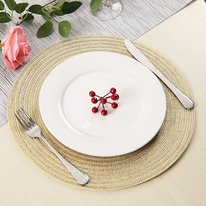 SHACOS Gold Glitter Round Placemats Set of 6 Bling Circle Place Mats Washable Table Mats for Christmas Holiday Party Wedding Shower Table Decor (6, Gold) - Image 5