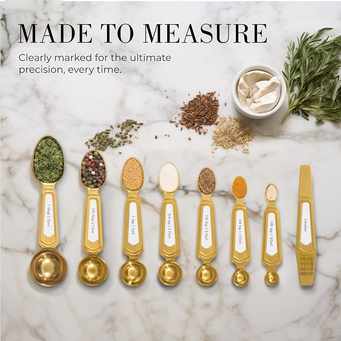 Styled Settings White and Gold Measuring Spoons with Leveler, 8-Piece | Dual-Sided, Stackable, Stainless Steel Magnetic Measuring Spoons Set - Fits in Spice Jars, White and Gold Kitchen Accessories - Image 2