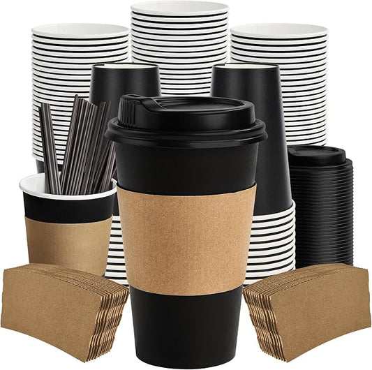16 oz Paper Coffee Cups with Lids 50 Pack, Black Disposable Hot Coffee Cups with Lids, Sleeves and Stirring Sticks, To Go Cups, for Parties, Picnic, Travel, and Events by VPACKDUO