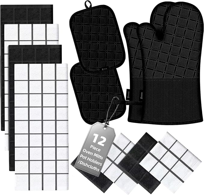 Oven Mitts Kitchen Towels and Dishcloths Pot Holders Sets, Oven Gloves Kitchen Dish Towels 500 Degree Heat Resistant Potholders with Non-Slip Silicone Surface for Cooking, Grilling, Baking-Black by BSKSSK