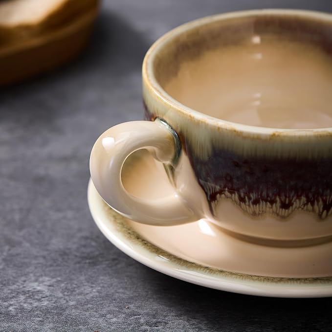 Coffeezone Vintage Design 12 oz Ceramic Latte Art Cappuccino Barista Cup with Saucer (Brown) - Image 5