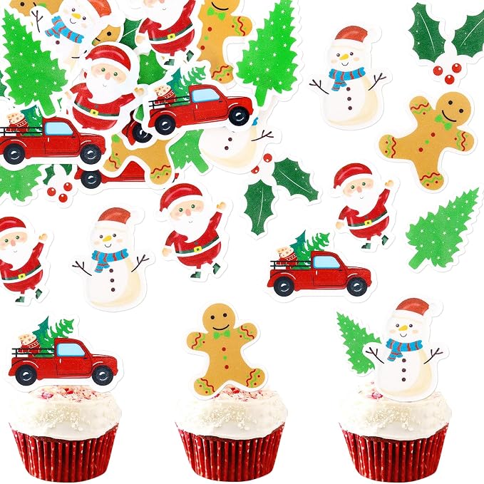 42PCS Edible Christmas Cupcake Toppers - Wafer Paper Santa Claus、Tree、Snowman、Gingerbread Man、Picks Merry Christmas Theme Holiday Baby Shower Birthday Party Cake Decorations Supplies by Cyodoos