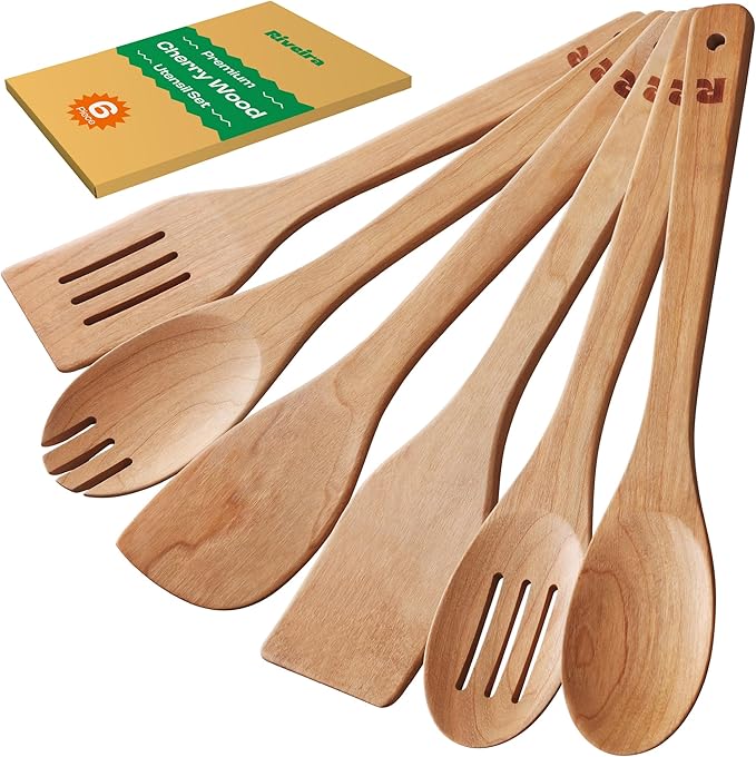 Riveira Cherry Wooden Spoons for Cooking Set of 6 – Natural Cherry Wooden Cooking Utensils, Wooden Spatula, Wooden Spoon - Premium Quality Utensil Set for Non-Toxic Cooking by Riveira