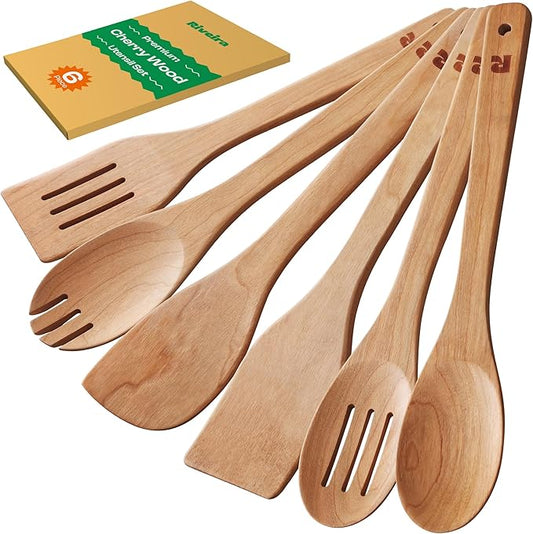 Riveira Cherry Wooden Spoons for Cooking Set of 6 – Natural Cherry Wooden Cooking Utensils, Wooden Spatula, Wooden Spoon - Premium Quality Utensil Set for Non-Toxic Cooking by Riveira