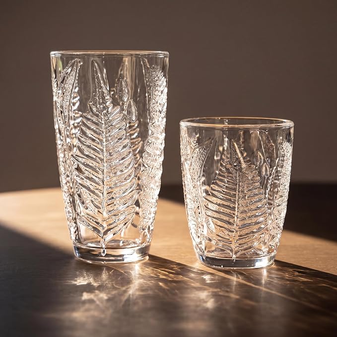 Clear Drinking Glasses Set of 4, 16 oz Glass Cups, Vintage Fern Glassware | Hand-Pressed, Dishwasher Safe, Boho Leaf-Textured Drinkware, Decorative Embossed Highball Tumblers for Water, Retro Kitchen - Image 8