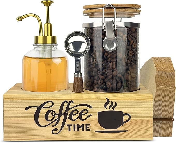 Coffee Container with Syrup Dispenser and Shelf & Spoon,40oz Air tight Glass Storage Jars and 16.9oz Glass Syrup Bottle,Coffee Bar Accessories for Kitchen Organization(1 Jar 1 Dispenser)