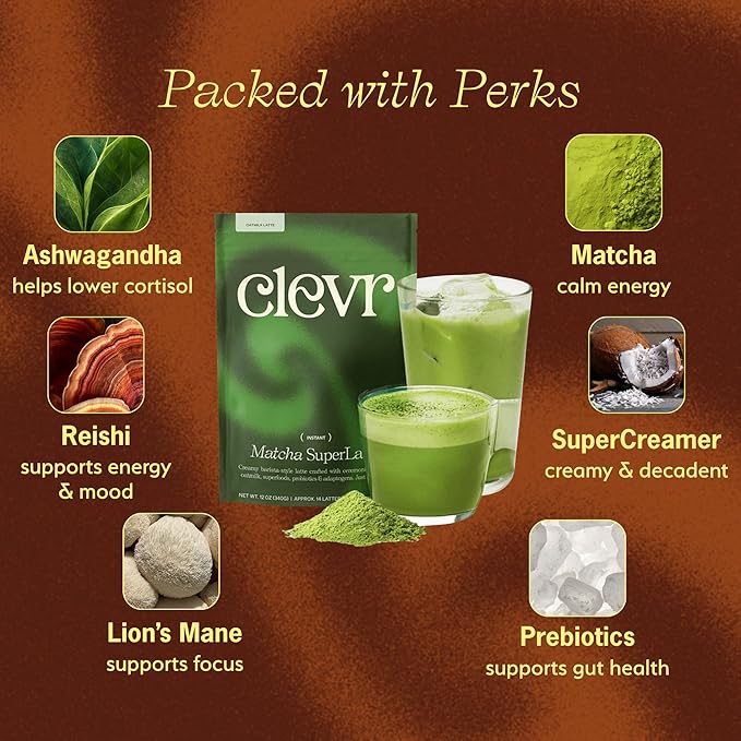 Clevr Blends Organic Matcha Green Tea Latte, Instant Ceremonial Grade, Superfood Powder Blend with Oat Milk, Lions Mane, Reishi Mushroom, Coconut Cream, Ashwagandha, Serve Hot or Iced, (14 Lattes)