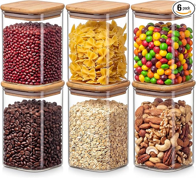 6-Pack 1.2Qt Square Glass Storage Jars with Bamboo Lids | Minimalist Kitchen Organizer,Pantry Storage Container,Food Storage Container,Scandinavian Style Storage,Nordic Style Storage by Unknown