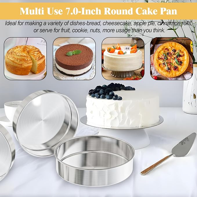 7 Inch Round Cake Pans, 3PCS Stainless Steel Cake Pan &100 Parchment Paper | AWTBDP Nonstick Heavy Duty Circle Cake Pan Tins Set for Birthday Wedding Baking Layer Cakes, Dishwasher Safe & Easy Release - Image 4