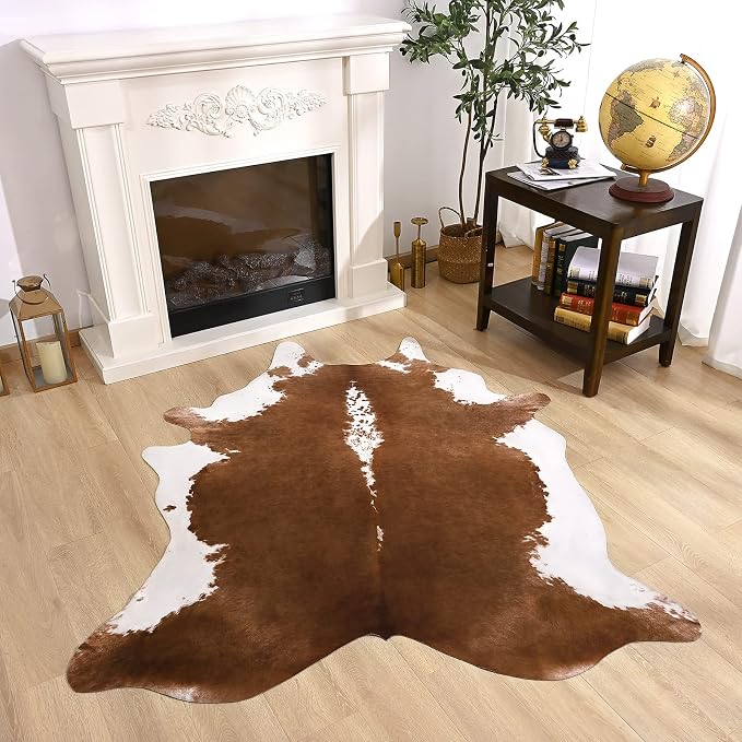 Amearea Faux Cow Hide Rug 3.6x2.3, Vintage Western Home Decor Cow Print Rug | Faux Leather Animal Cowhide Carpet for Living Room Bedroom, Dining Traditional Cow Print Stuff Carpets, Khaki by AmeareaDirect