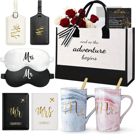 Jumway Wedding Gifts Basket, Gifts for Bridal Shower Engagement Wedding and Married Couples Anniversary - Tote Bag Ceramic Marble Coffee Mugs Gift Set Pink by Jumway