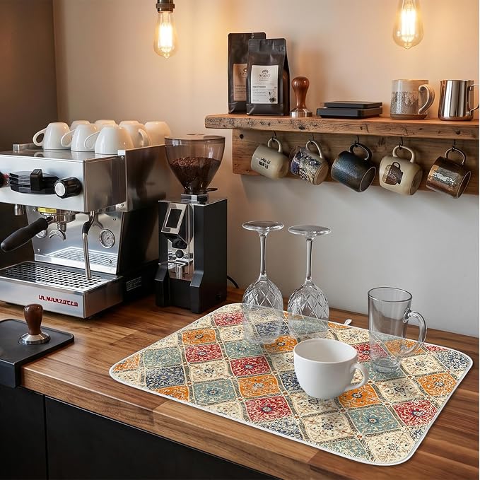 Bohemian Vintage Dish Drying Mat for Kitchen Counter Coffee Bar 18x24 in | Decorative Non Slip Absorbent Kitchen Dishes Drainer Mat, with Anti-slip Rubber Backing & Hanging Loop, for Sink, Home Gift - Image 6