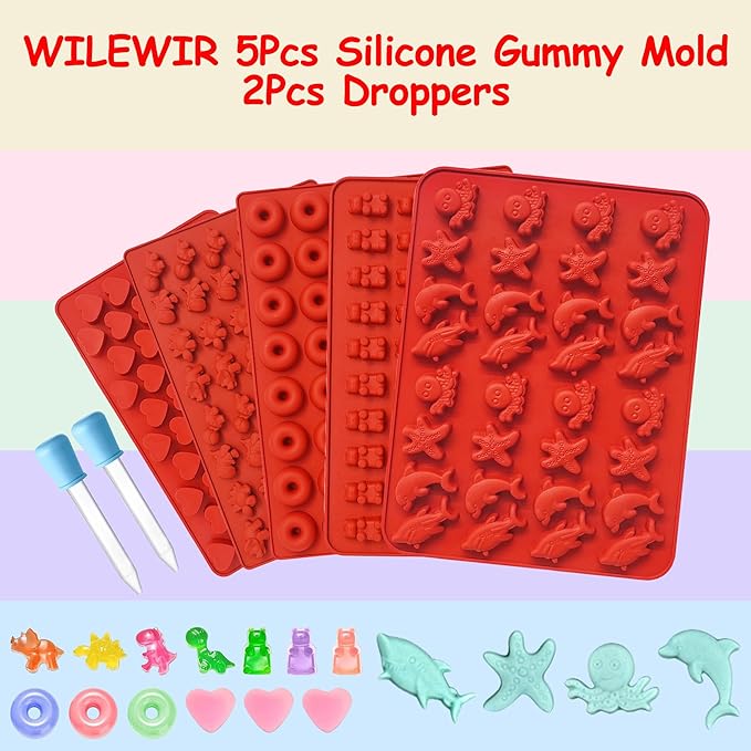 Gummy Bear Mold Silicone for Gummies Candy, 5Pcs Ocean Theme Gummy and Chocolate Molds Silicone for Kids Including Mini Bear, Dinosaur, Dolphin, Starfish, Octopus, Hearts, Donut with 2Droppers