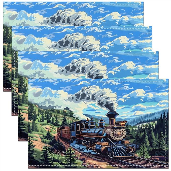 Feelyou Train Placemats Set of 4 Colorful Steam Engine Table Mats American Flag Place Mat for Kitchen Dining Table Party Decor Indoor Outdoor 18"x12" Transportation Vehicle by Feelyou